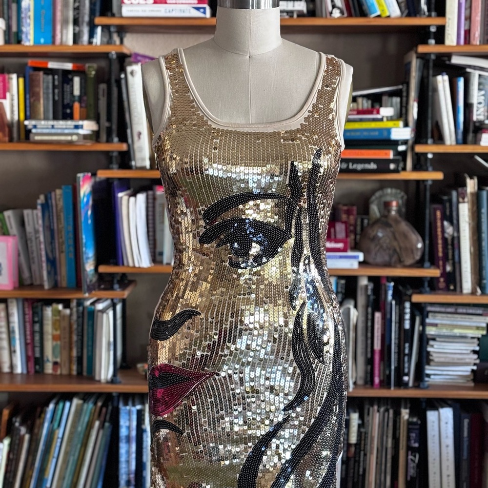 Cristinalove Gold Sequin Face Design Mini Dress